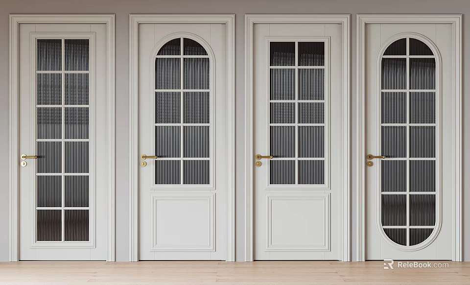Stylish White Hinged Doors with Glass Panels and Golden Handles in Modern Design 3d model 