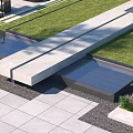 Modern Garden Landscape Design With Green Lawn Seating Area Umbrellas Trees and Stone Pathway