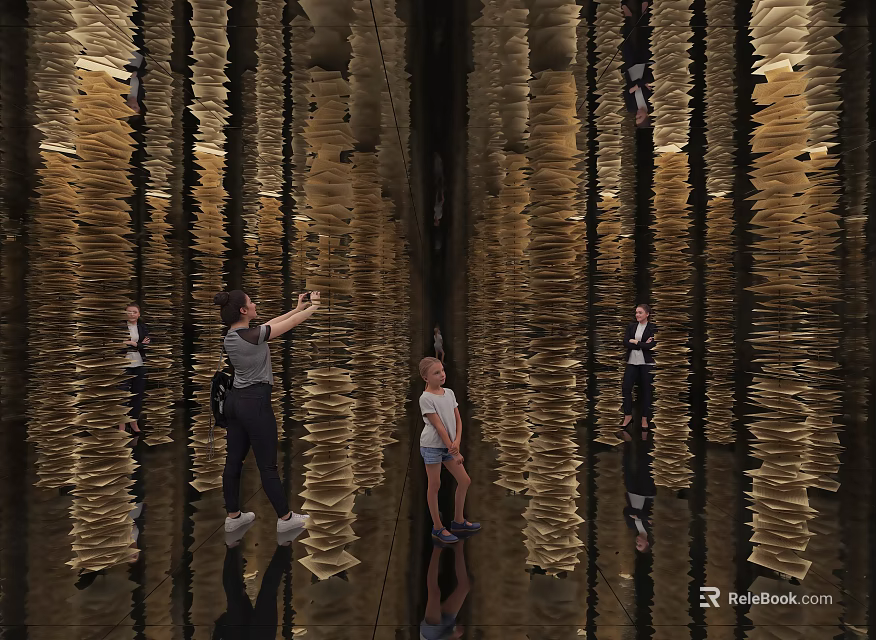 Art Installation With Tall Vertical Golden Paper Structures And Reflective Floor For Visitors 3d model 
