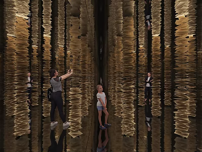 Art Installation With Tall Vertical Golden Paper Structures And Reflective Floor For Visitors 3d model