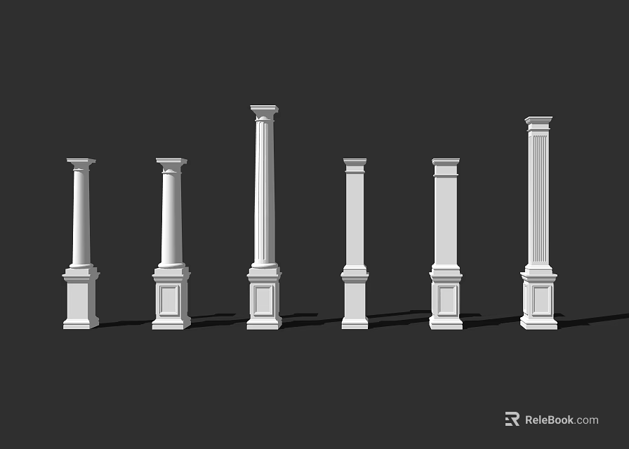 Six White Classical Style Columns with Base and Capital Arranged Against Black Background 3d model 