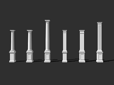 Six White Classical Style Columns with Base and Capital Arranged Against Black Background 3d model