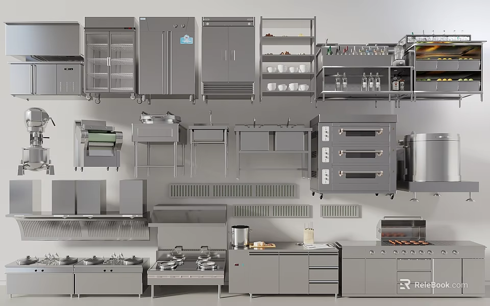 Modern Kitchen Appliances With Ovens Stoves Cabinets Racks And Storage Units 3d model 