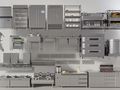 Modern Kitchen Appliances With Ovens Stoves Cabinets Racks And Storage Units 3d model