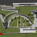 Park Landscape With Curved Stairs Green Grass Slopes And Trees Under Blue Sky