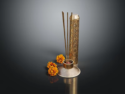 Traditional Decorative Brass Incense Burner With Incense Sticks And Orange Flowers 3d model