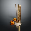 Traditional Decorative Brass Incense Burner With Incense Sticks And Orange Flowers
