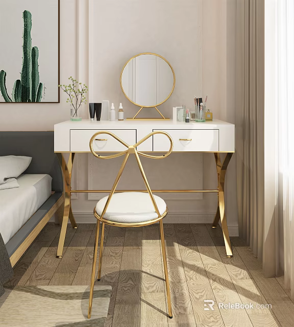 White Dressing Table with Gold Legs Round Mirror Gold Chair and Cosmetics Plant 3d model 