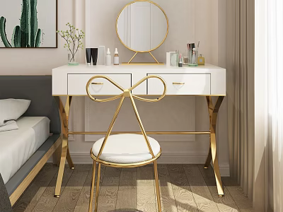 White Dressing Table with Gold Legs Round Mirror Gold Chair and Cosmetics Plant 3d model