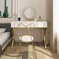 White Dressing Table with Gold Legs Round Mirror Gold Chair and Cosmetics Plant