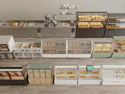 Display Shelves For Bakery With Glass Doors Showing Fresh Pastries And Bread 3d model