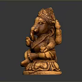 Wooden Elephant Statue Sitting With Decorative Headpiece And Detailed Carvings Against Dark Background