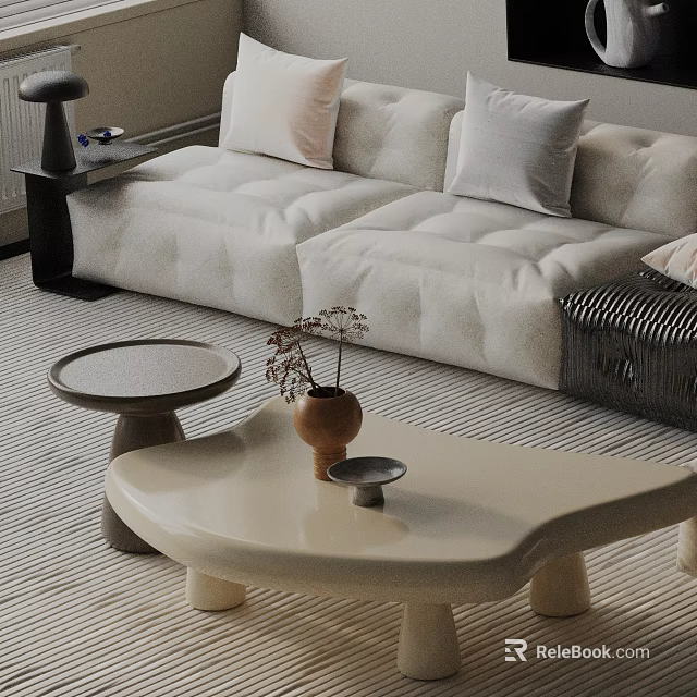 Minimalist Beige Sofa and Coffee Table Set with Pillows Vase and Dried Flowers on Rug 3d model 