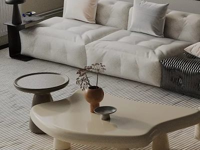 Minimalist Beige Sofa and Coffee Table Set with Pillows Vase and Dried Flowers on Rug 3d model