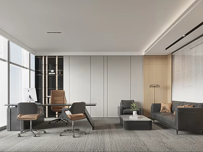 Modern Office Interior Design With Open Layout Desk Chairs Sofa Coffee Table And Lighting 3d model