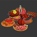 Fresh Raw Meat Selection With Sliced Meat Sausage Tomato And Noodles Arranged On Wooden Trays
