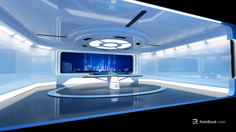 Modern Monitoring Room Interior With Large Screen City View Display Control Console And Blue Lighting 3d model 