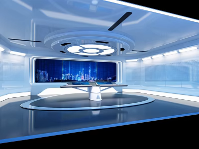 Modern Monitoring Room Interior With Large Screen City View Display Control Console And Blue Lighting 3d model