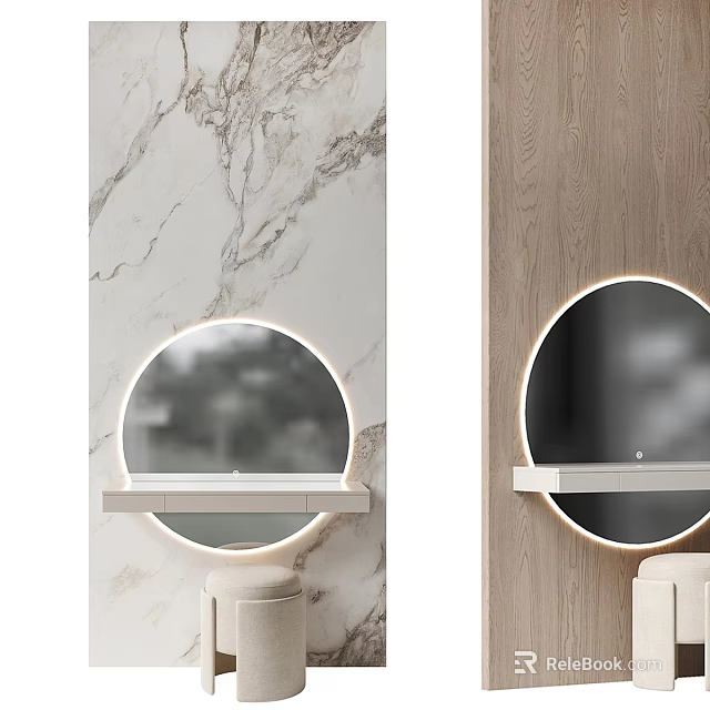 Modern Dressing Table With Round LED Mirror And Marble Wooden Background Design 3d model