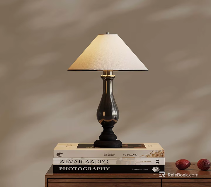 Classic Table Lamp Placed On Stack Of Books With Red Apples On Wooden Desk 3d model 
