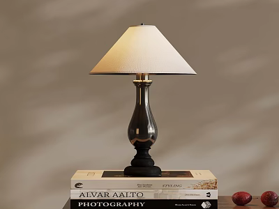 Classic Table Lamp Placed On Stack Of Books With Red Apples On Wooden Desk 3d model