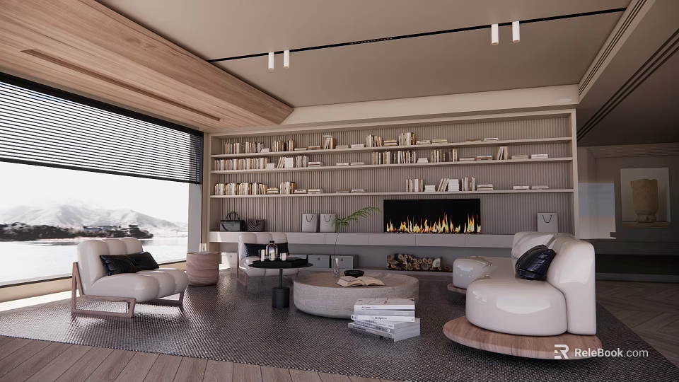 Cozy Living Dining Room with Wooden Ceiling Pendant Lights Bookshelves Fireplace and White Sofas 3d model 