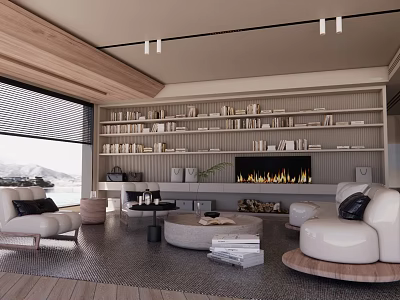 Cozy Living Dining Room with Wooden Ceiling Pendant Lights Bookshelves Fireplace and White Sofas 3d model