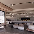 Cozy Living Dining Room with Wooden Ceiling Pendant Lights Bookshelves Fireplace and White Sofas