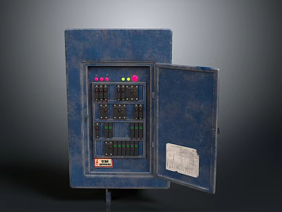 Blue Metal Control Cabinet With Open Door Black Modules Colored Buttons And Paper Sticker 3d model