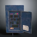 Blue Metal Control Cabinet With Open Door Black Modules Colored Buttons And Paper Sticker