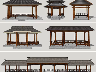 Traditional Wooden Landscape Pavilion Designs With Various Roof Styles And Seating Benches 3d model