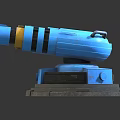 Blue Mechanical Turret with Dual Barrels Yellow Accents and Gray Base Structure