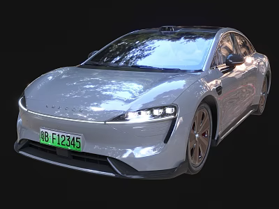 Tesla Silver Electric Sedan With Sleek Modern Exterior And Green License Plate 3d model