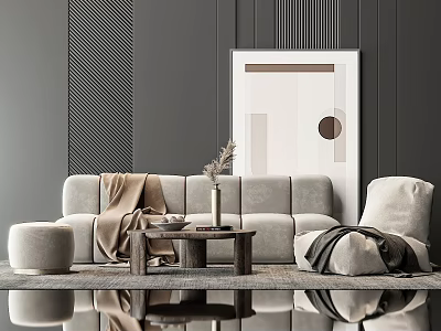 Modern Gray Sofa and Coffee Table Set With Ottoman Throw Blanket and Decorative Vase 3d model