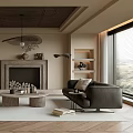 Modern Living Room Interior With Sofa Armchairs Coffee Table Fireplace And Pendant Lighting