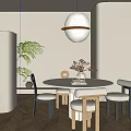 Modern Round Dining Table Set With Minimalist Chairs Woven Pendant Light Green Plant