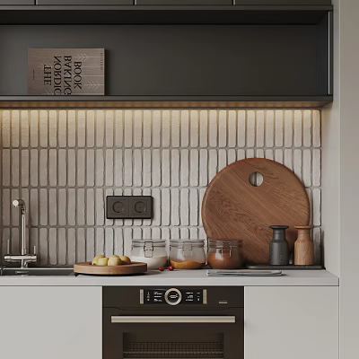 Minimalist Modern Kitchen Interior With Bricked Backsplash Wooden Cutting Board Glass Jars And Clay Jars 3d model