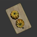 Two Vibrant Striped Pumpkins On Wooden Cutting Board For Food Preparation