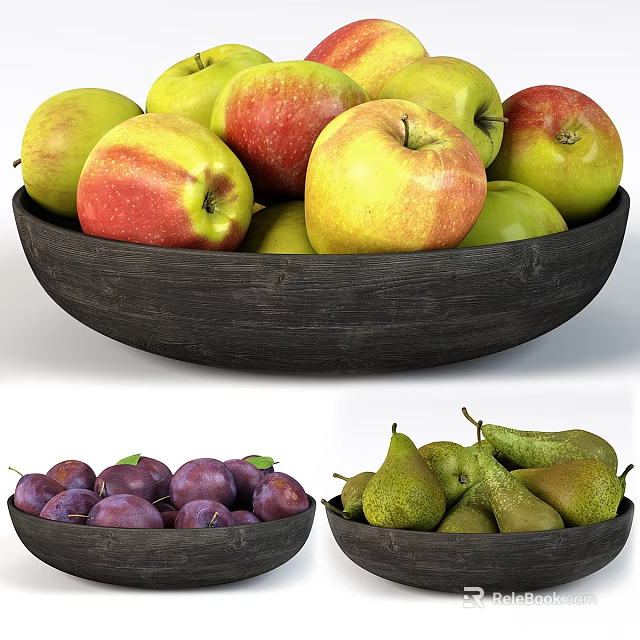 Fresh Ripe Apples Plums And Pears In Black Wooden Bowls 3d model 