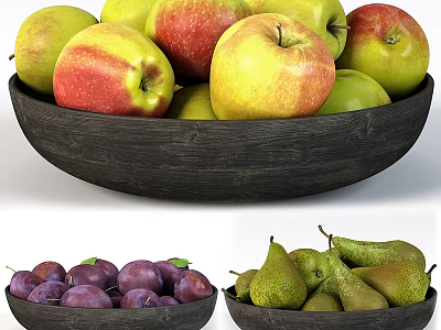 Fresh Ripe Apples Plums And Pears In Black Wooden Bowls 3d model