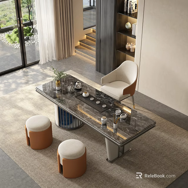 Elegant Modern Tea Room Interior With Marble Table Beige Chair And Round Stools 3d model