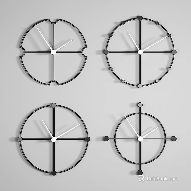 Four Modern Minimalist Wall Clocks With Black Frame And Simple Design 3d model 