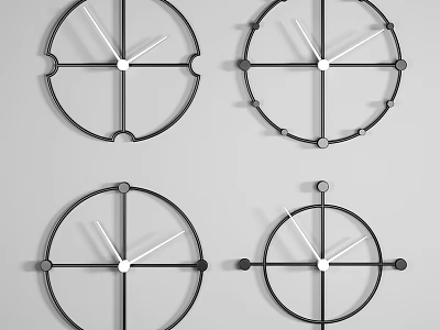 Four Modern Minimalist Wall Clocks With Black Frame And Simple Design 3d model