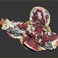 Cut Open Pomegranate With Fresh Red Arils On Wooden Plate Dark Background 3d model