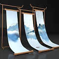 Three Scroll Art Installation With Chinese Landscape Paintings Bird Motifs And Wooden Frames