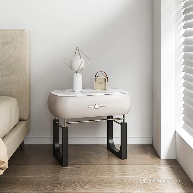 Light Modern Bedside Table with Drawer Black Legs White Vase Geometric Decor and Gold Box 3d model 