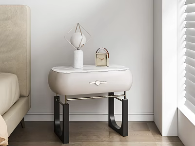 Light Modern Bedside Table with Drawer Black Legs White Vase Geometric Decor and Gold Box 3d model