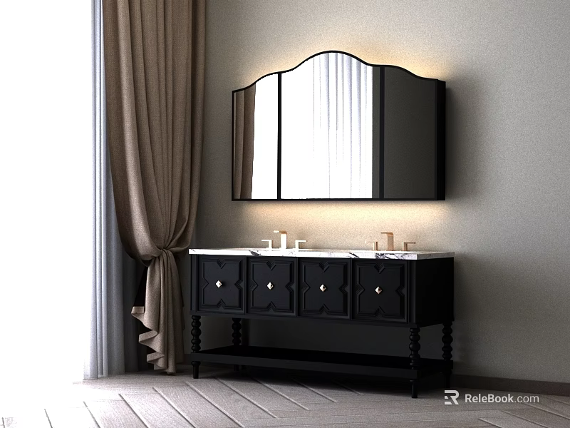 Elegant Black Bathroom Vanity With Double Sinks And Lit Mirror Near Curtains 3d model 