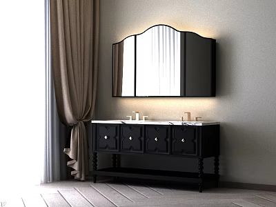 Elegant Black Bathroom Vanity With Double Sinks And Lit Mirror Near Curtains 3d model