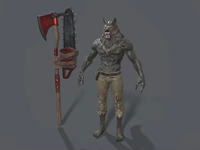 Game Movie Character Wolf Headed Muscular Figure Holding Large Chainsaw Axe Standing In Action Pose 3d model